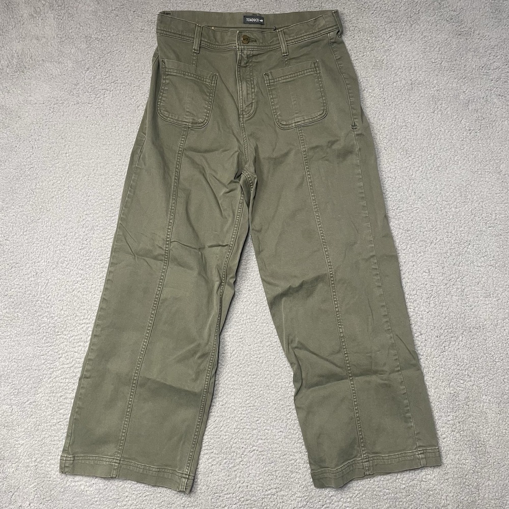 Toad&Co Linden Pants Women 10 Green Organic Cotton Wide Leg Sailor Pocket